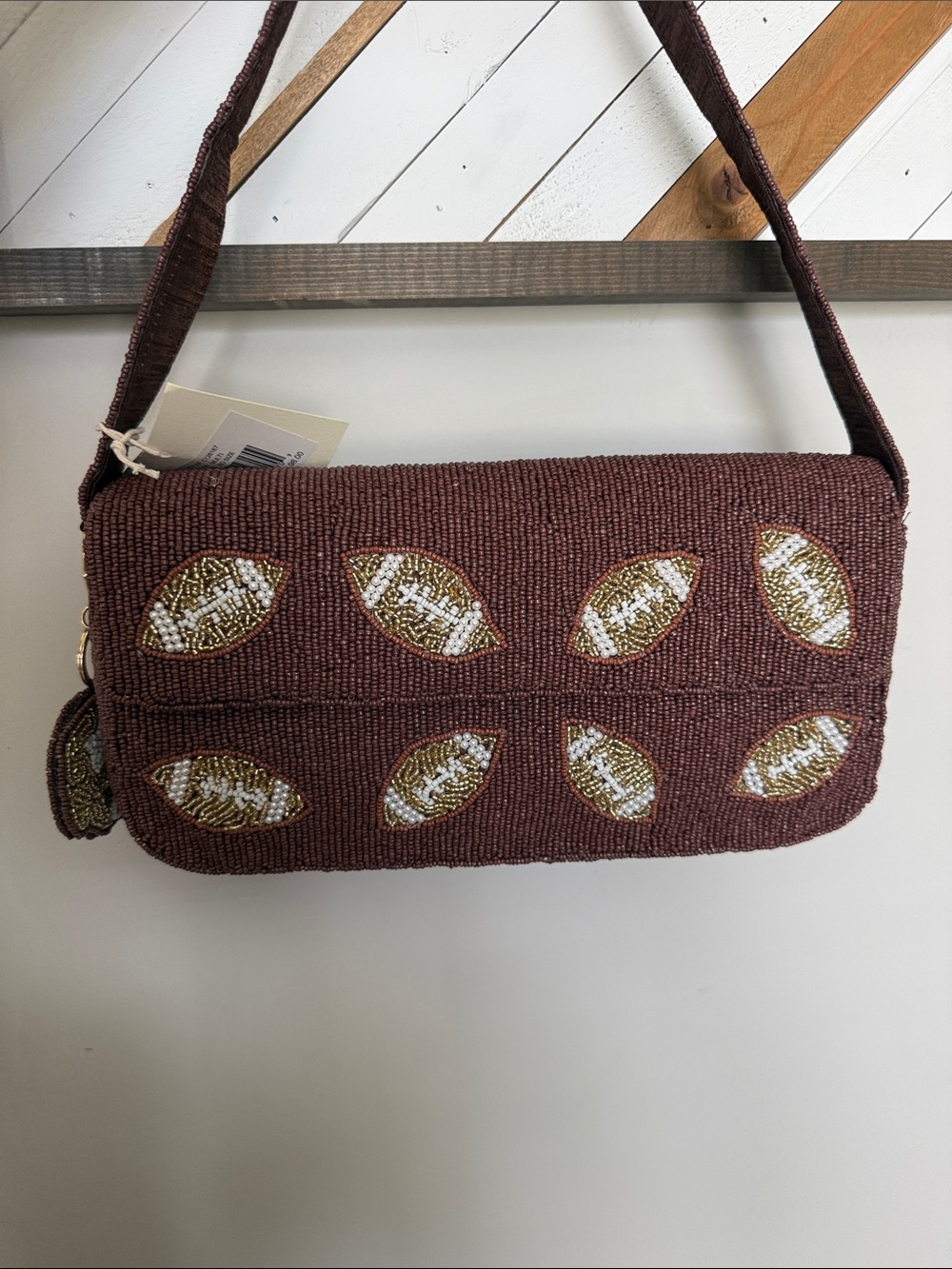 Beaded Brown Shoulder Bag with Footballs